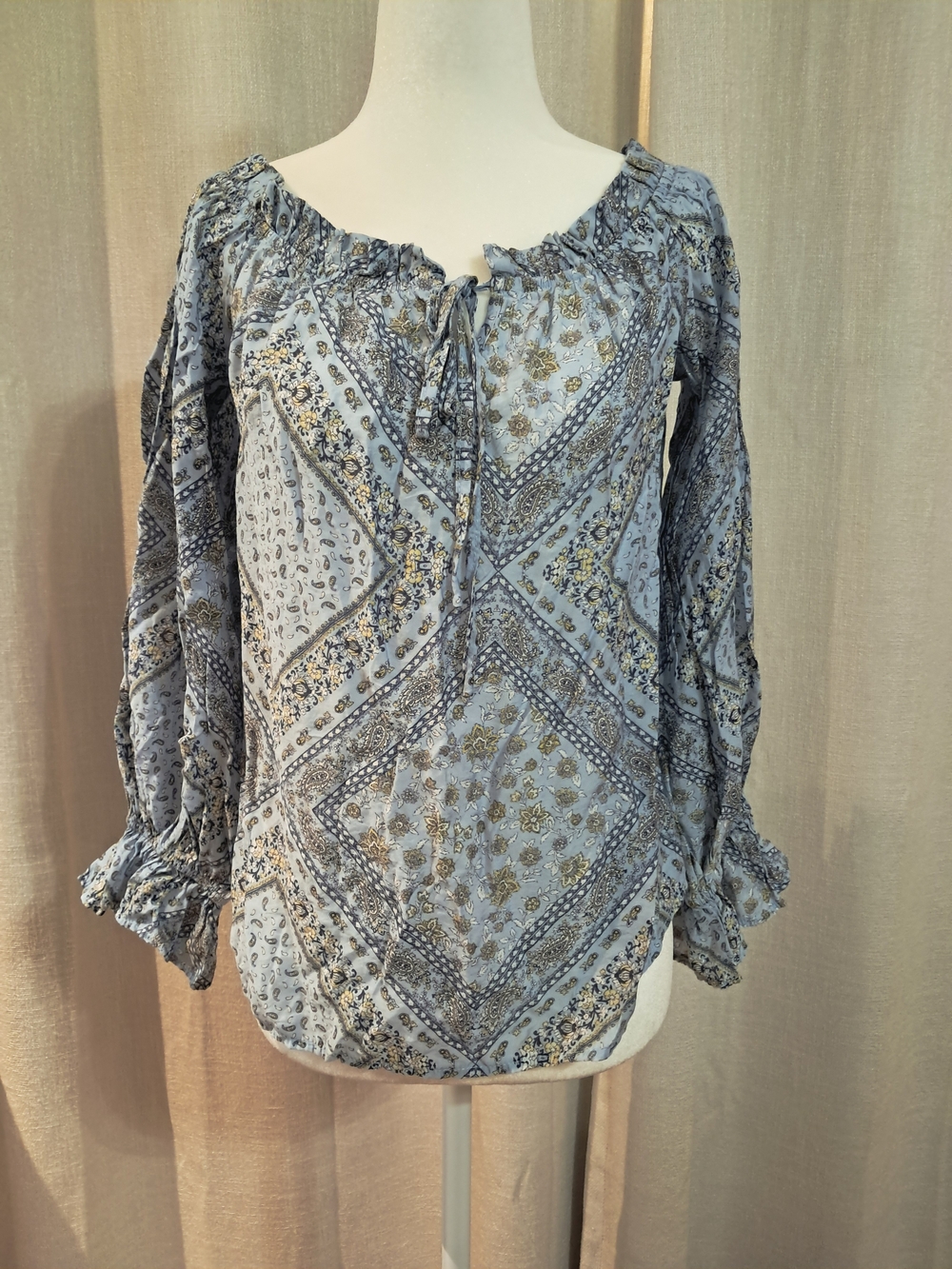 Boho-Print Light Blue Peasant Blouse Small